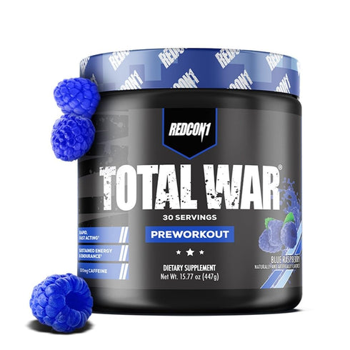 REDCON1 Total War Pre Workout Powder, Blue Raspberry - Beta Alanine + Citrulline Malate Keto Friendly Preworkout for Men & Women with 320mg of Caffeine - Fast Acting (30 Servings)